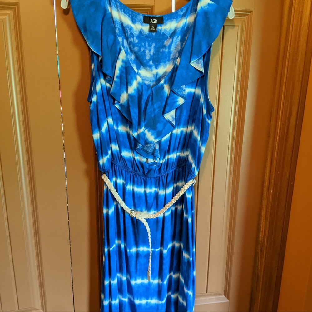 AGB blue and white summer dress, size XL, white braided belt included